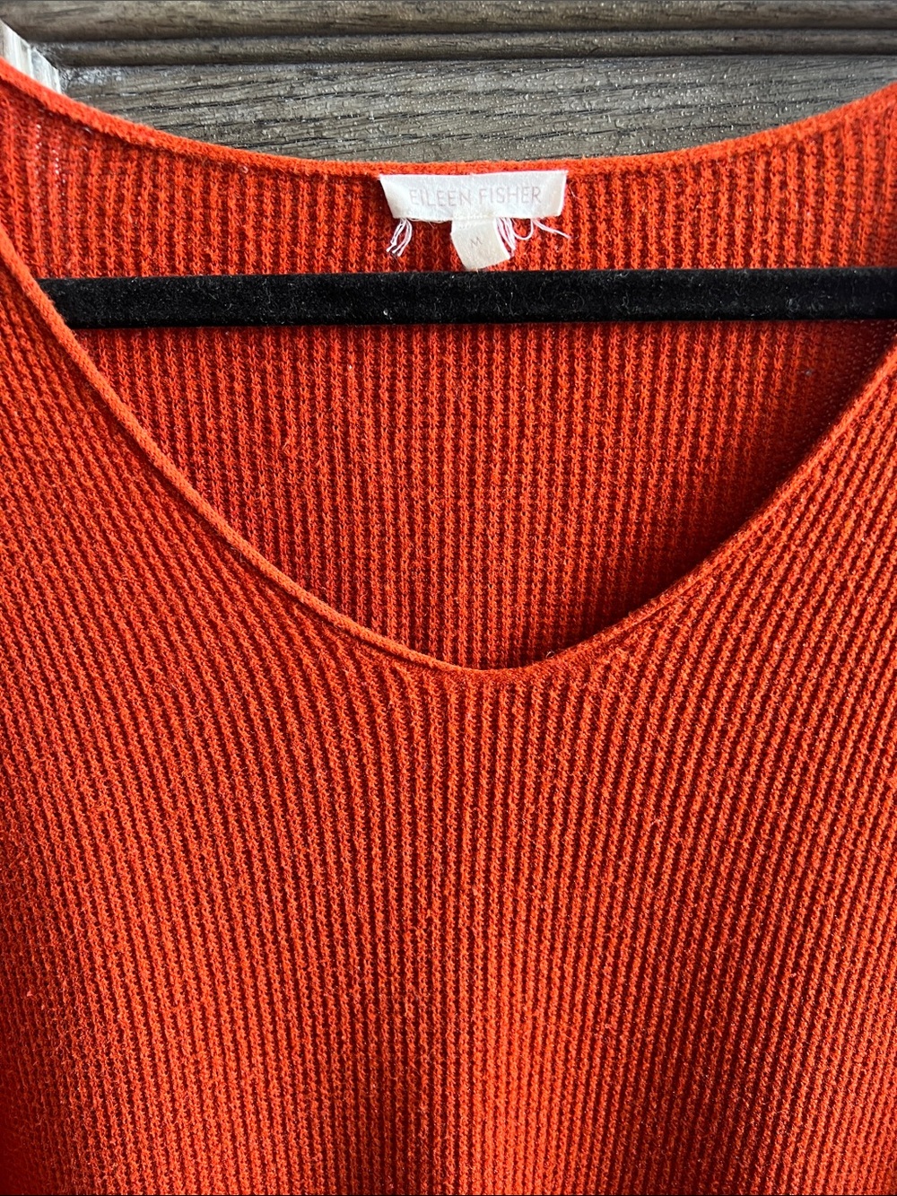 Eileen Fisher Organic Cotton Ribbed V-Neck Sweater in Bright Orange Lagenlook
